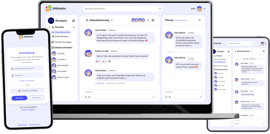 Moderne Chat-Oberfläche mit Channels und Nachrichtenverlauf